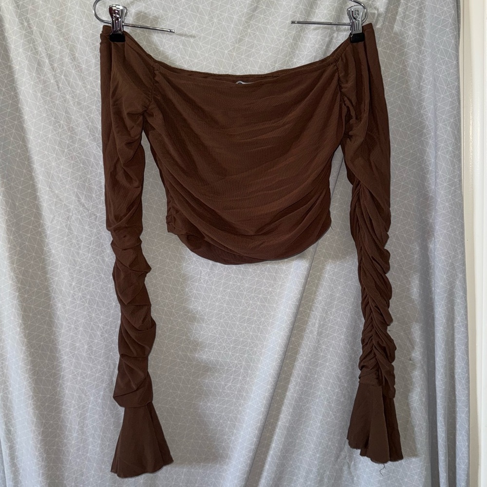 Fashion Nova Brown Ruched Off-Shoulder Blouse